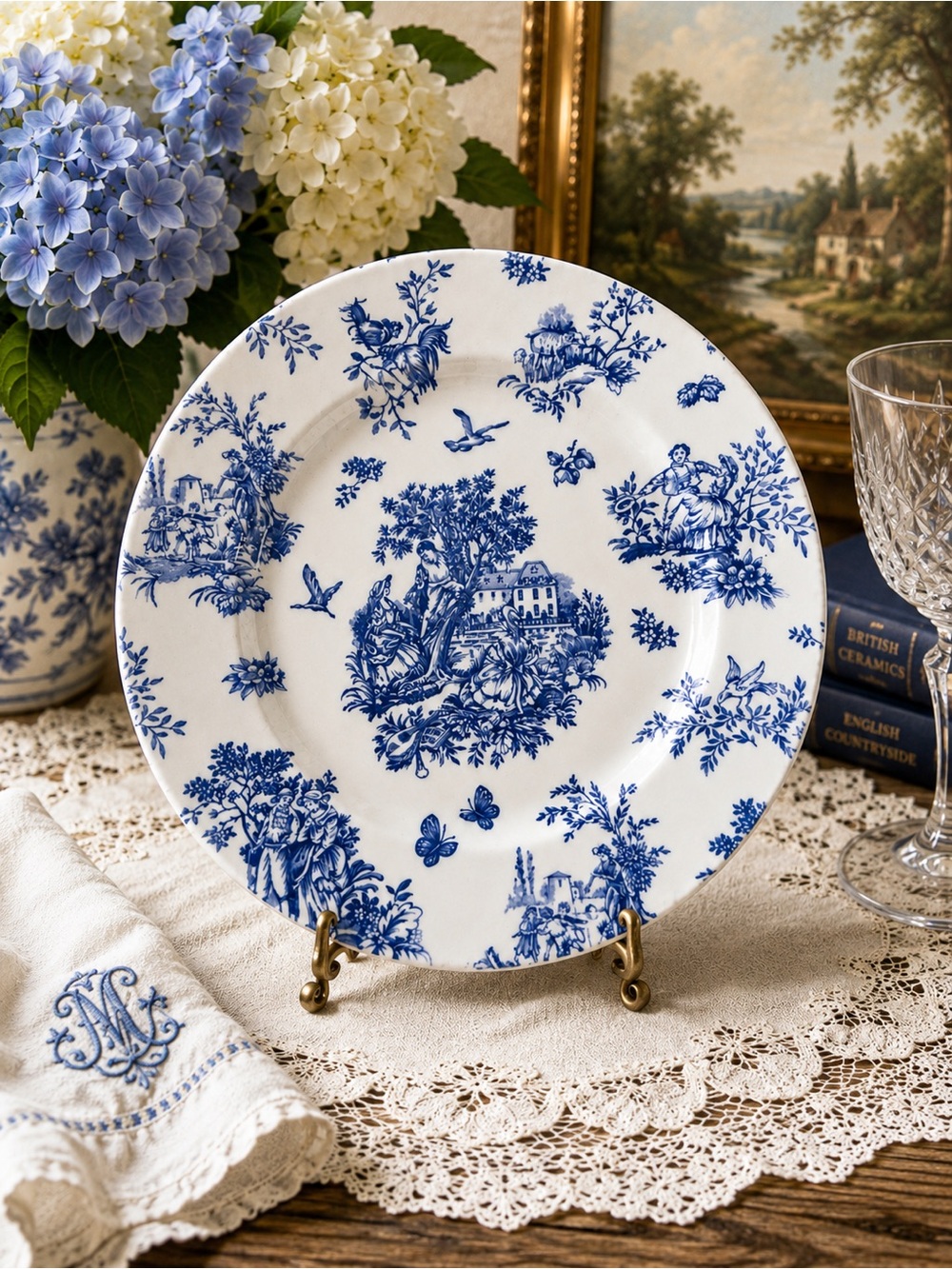 Churchill England Blue White Transferware Plate 10” Victorian Scene NWOT‎